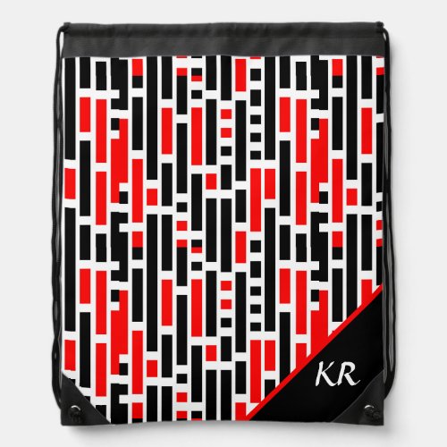 Retro Art Deco Red Black Abstract Pattern Monogram Drawstring Bag