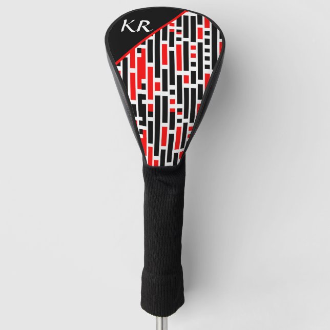 Retro Art Deco Red Black Abstract Pattern Monogram Golf Head Cover (Front)