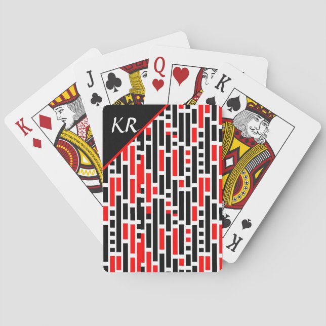 Retro Art Deco Red Black Abstract Pattern Monogram Poker Cards (Back)