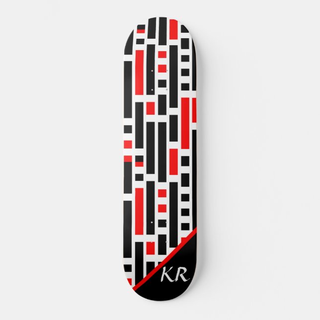 Retro Art Deco Red Black Abstract Pattern Monogram Skateboard (Front)