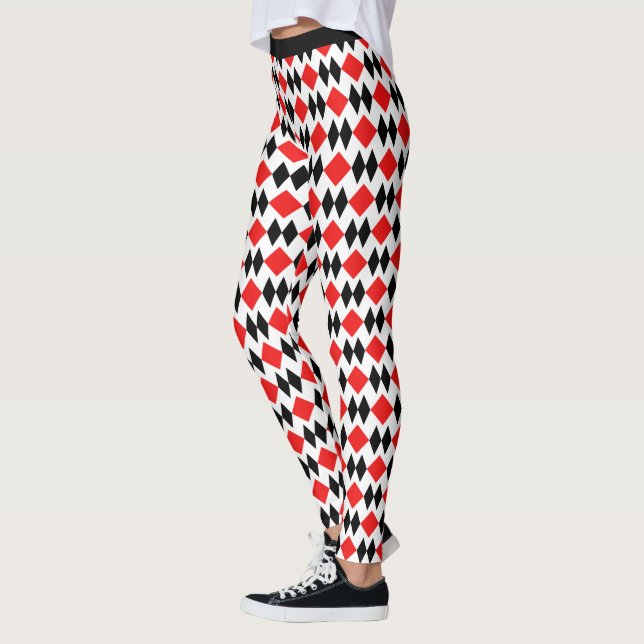Retro Art Deco Red Black Diamond Geometric Pattern Leggings (Left)