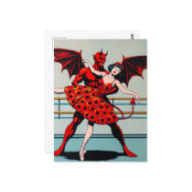 Retro Art Devil With ballerina in a Poppy Dress Postcard