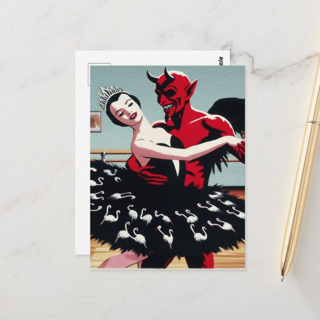 Retro Art Devil With Ballet Dancer Swan Dress Postcard (Front/Back In Situ)