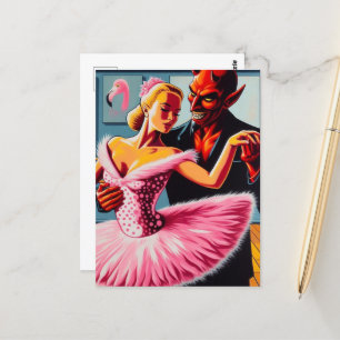 Retro Art Devil With Flamingo Dancer Postcard