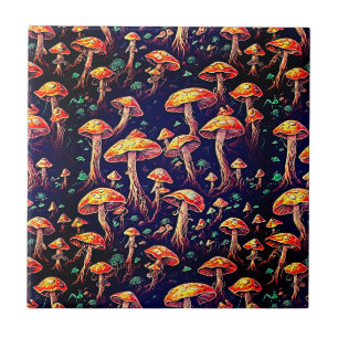 Retro Art Mushrooms - Bioluminescent Dreamscape Ceramic Tile