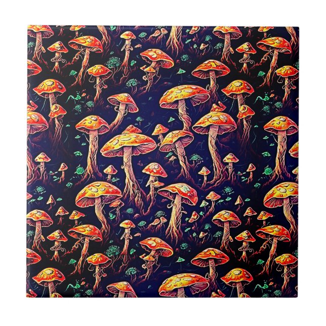 Retro Art Mushrooms - Bioluminescent Dreamscape Ceramic Tile (Front)
