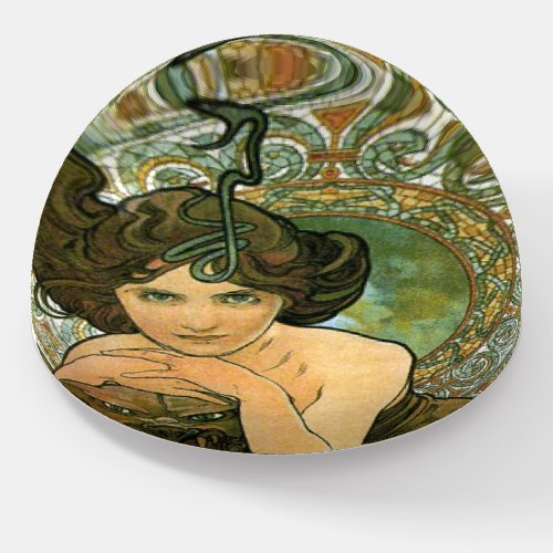 Retro Art Nouveau Alphonse Mucha Emerald Temptress Paperweight