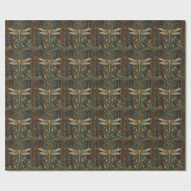Retro art nouveau dragonfly boho chic wrapping paper (Flat)