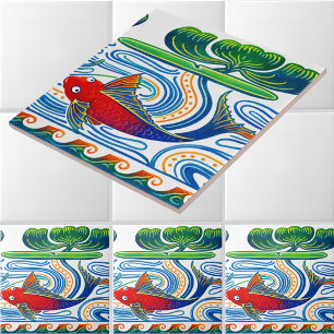 Retro Art Nouveau Fish & Lily Frieze Pattern Ceramic Tile