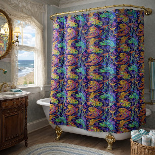 Retro Art Nouveau Fish & Seaweed Pattern Shower Curtain