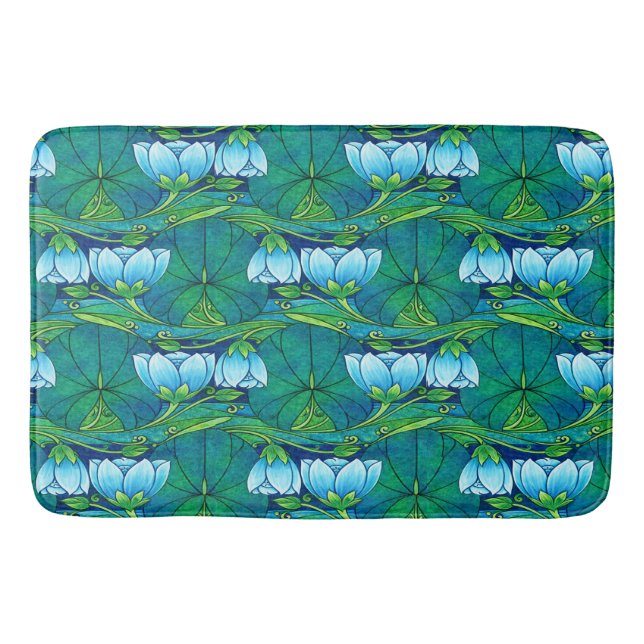 Retro Art Nouveau Floral Lily Pad Pattern Bath Mat (Front)