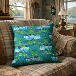 Retro Art Nouveau Floral Lily Pad Pattern Throw Pillow