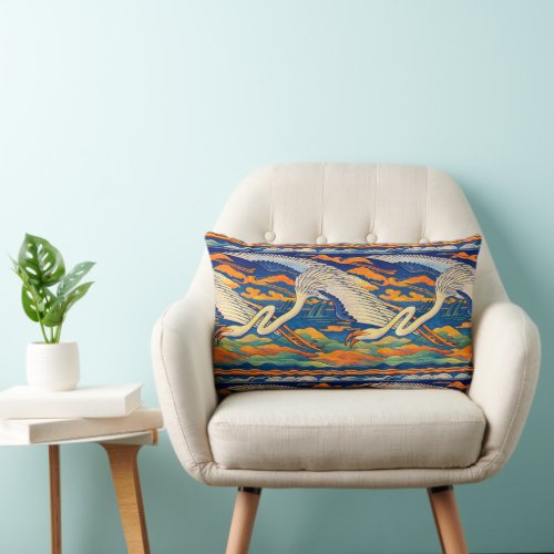 Retro Art Nouveau Flying Flamingos Frieze Lumbar Pillow