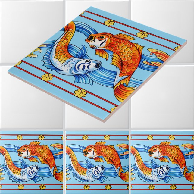 Retro Art Nouveau Koi Fish Frieze Pattern Ceramic Tile (Creator Uploaded)