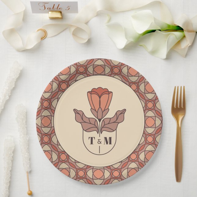 Retro Art Nouveau Monogram Wedding Paper Plates (Wedding)