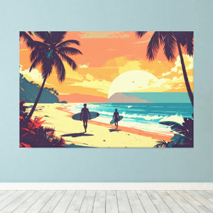 retro art surfers on beach canvas print