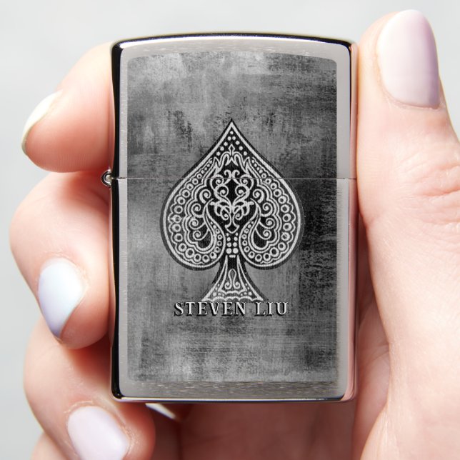 Retro Artistic Poker Ace Of Spades Personalized Zippo Lighter (In Hand)