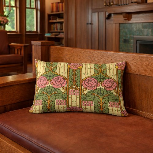 Retro Arts & Crafts Floral Foliage Rose Pattern Lumbar Pillow