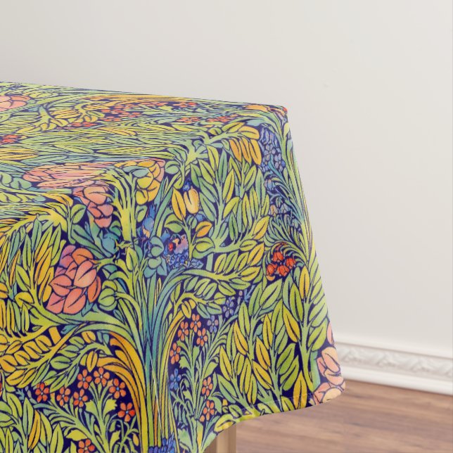 Retro Arts & Crafts style Birds in Trees Pattern Tablecloth (In Situ)