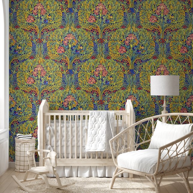 Retro Arts & Crafts style Birds in Trees Pattern Wallpaper (Kids)