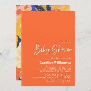 Retro Artsy Abstract Botanical Orange Baby Shower Invitation