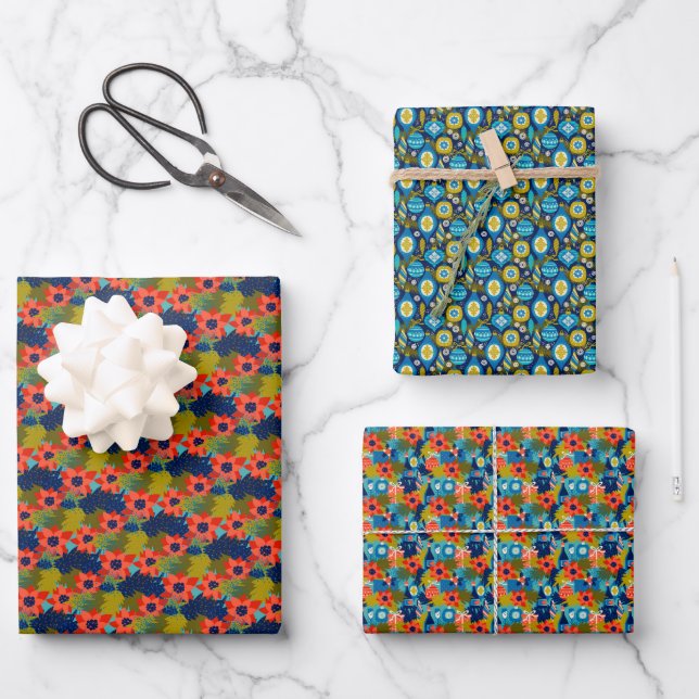 Retro Artsy Poinsettia Christmas Wrapping Paper Sheets (Front)