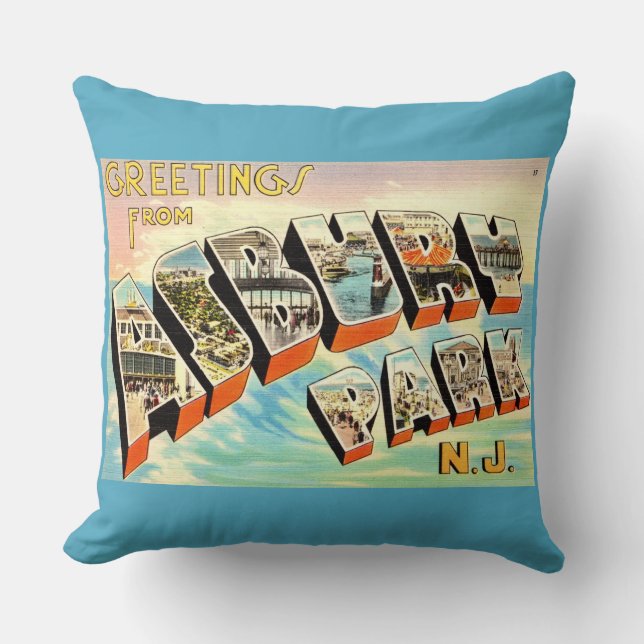  Retro Asbury Park NJ Postcard Throw Pillow (Front)