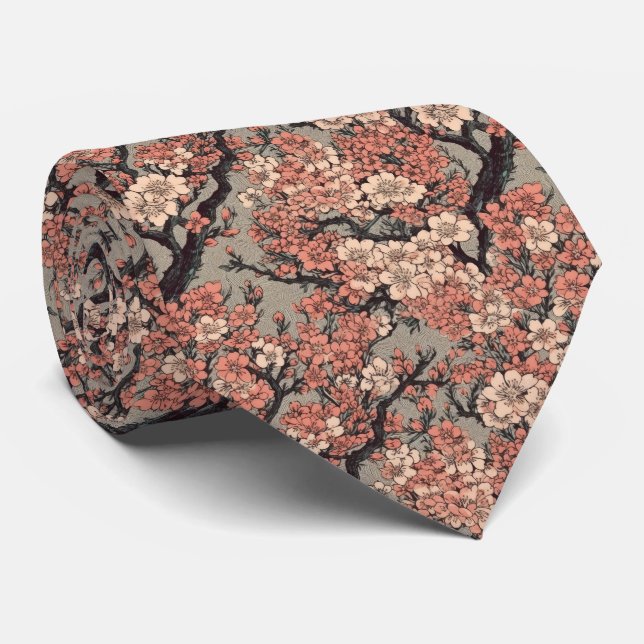 Retro Asian Floral Garden Neck Tie (Rolled)