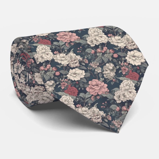 Retro Asian Floral Garden Neck Tie (Rolled)