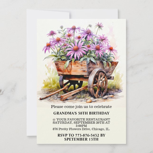 Retro Aster Flower Illustration Art Birthday Party Invitation (Front)