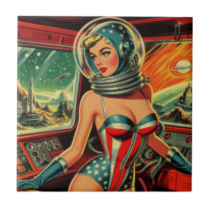 Retro Astronaut Girl Ceramic Tile