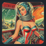 Retro Astronaut Girl Square Sticker<br><div class="desc">Retro Astronaut Girl</div>