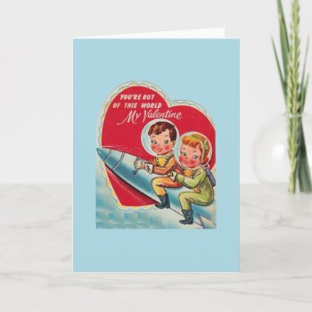 Retro Astronaut Rocket Valentine's Day Card by RetroMagicShop at Zazzle