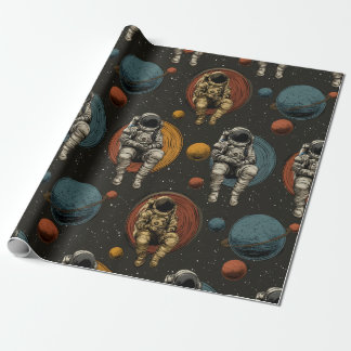 Retro Astronaut Space Scene Wrapping Paper