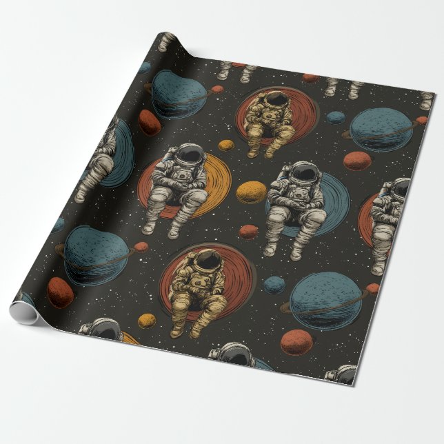 Retro Astronaut Space Scene Wrapping Paper (Unrolled)