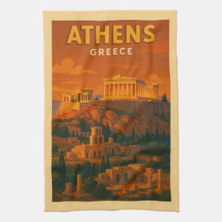 Retro Athens Greece Travel Kitchen Towel