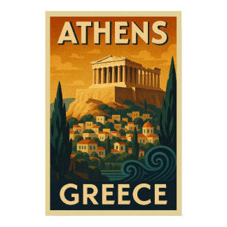 Retro Athens in Vintage Art Deco Style Travel Poster