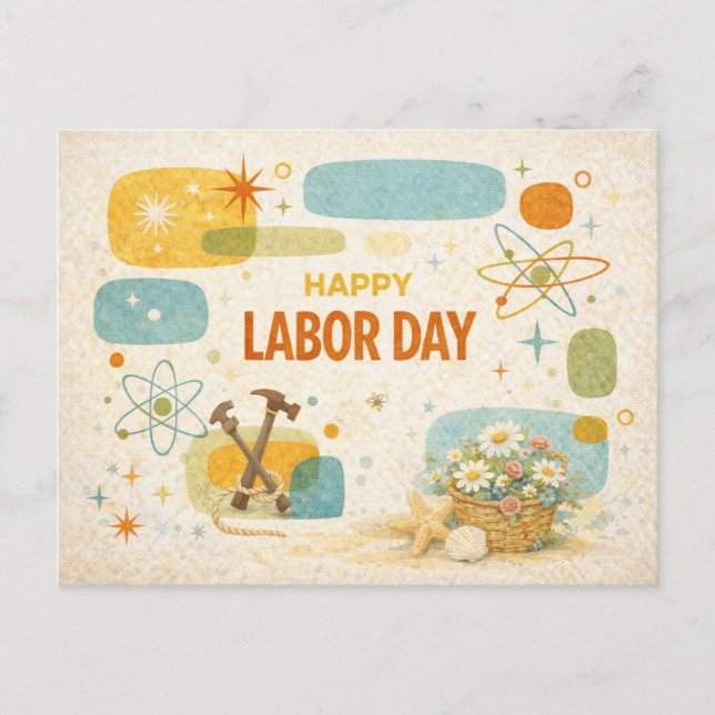Retro Atomic Age Happy Labor Day Holiday Postcard (Front)