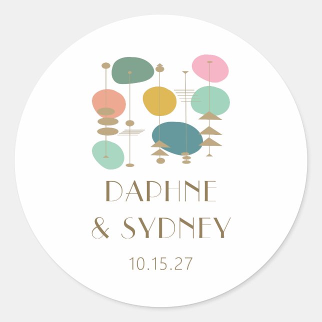 Retro Atomic Age Mid Century Modern Custom Wedding Classic Round Sticker (Front)