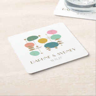 Retro Atomic Age Mid Century Modern Custom Wedding Square Paper Coaster