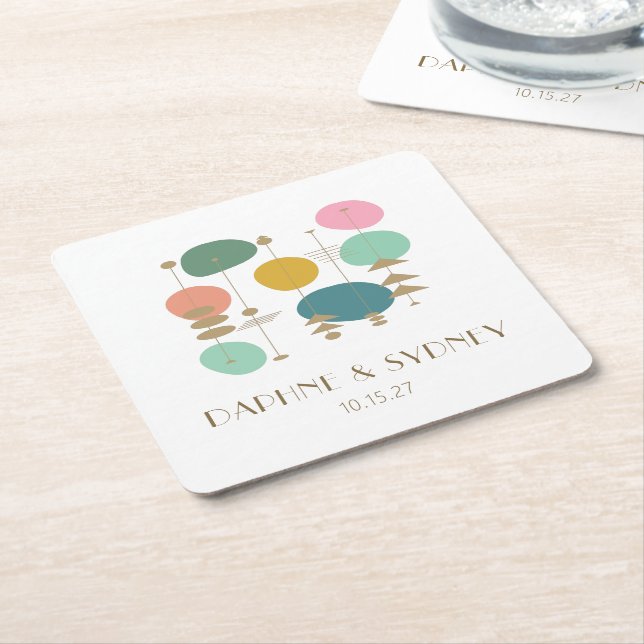 Retro Atomic Age Mid Century Modern Custom Wedding Square Paper Coaster (Angled)