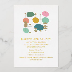 Retro Atomic Age Mid Mod Engagement Party Gold  Foil Invitation