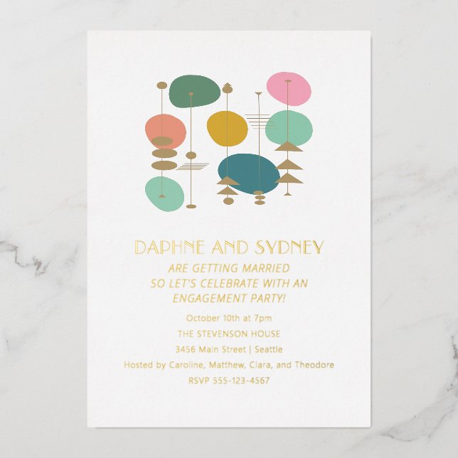 Retro Atomic Age Mid Mod Engagement Party Gold  Foil Invitation (Front)