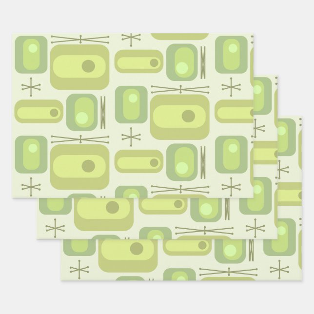 Retro Atomic Age Shapes Chartreuse Wrapping Paper Sheets (Set)