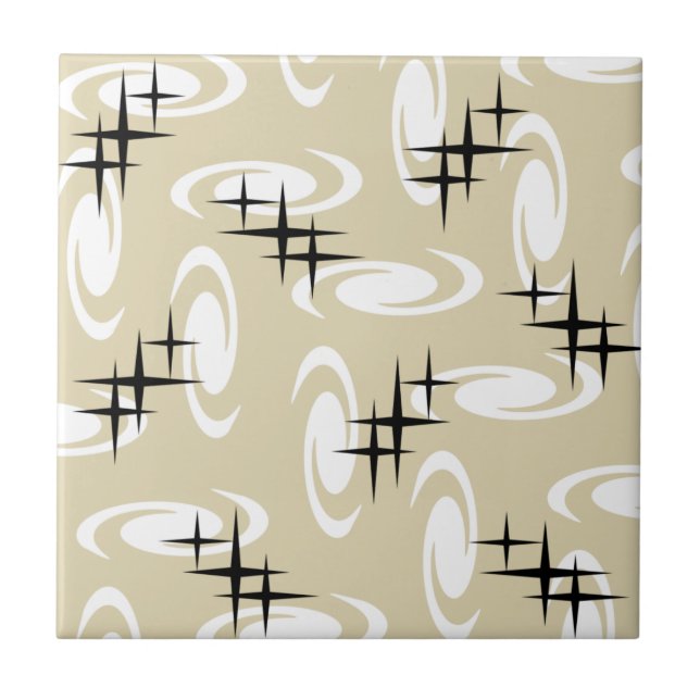Retro Atomic Age Swirls Stars Pattern Beige Ceramic Tile (Front)