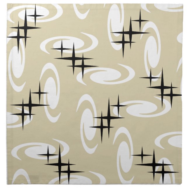 Retro Atomic Age Swirls Stars Pattern Beige Cloth Napkin (Front)