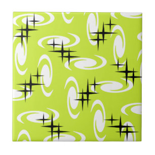 Retro Atomic Age Swirls Stars Pattern Chartreuse Ceramic Tile