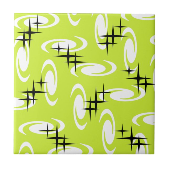 Retro Atomic Age Swirls Stars Pattern Chartreuse Ceramic Tile (Front)