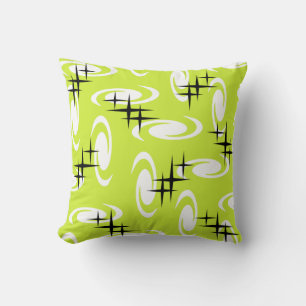 Retro Atomic Age Swirls Stars Pattern Chartreuse Throw Pillow