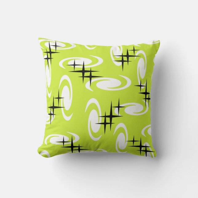 Retro Atomic Age Swirls Stars Pattern Chartreuse Throw Pillow (Front)